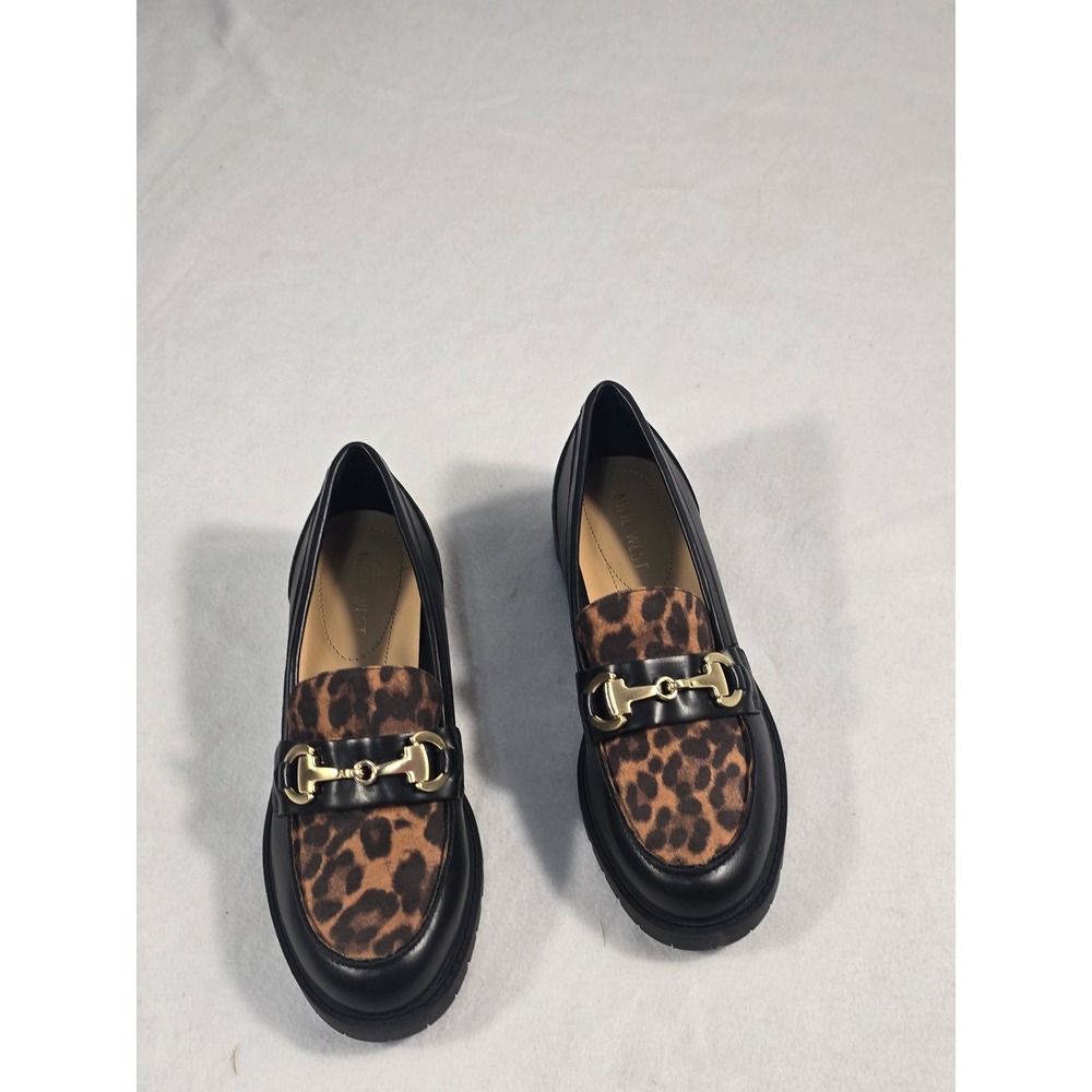 Nine West Wnnewdale8 Leopard Print Horsebit Lug Sole Loafers Black Women 6M new